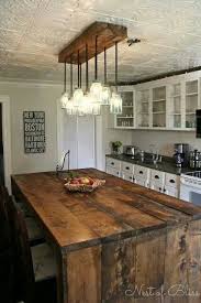 Rustic Kitchen With Tin Ceiling And Wooden Features Love The Multi Light Pendants Rustic Kitchen Rustic House Homemade Kitchen Island