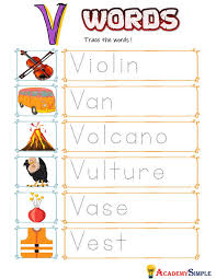 Vector illustration of alphabet letter v and pictures. Alphabet Worksheet Tracing Words Letter V Academy Simple