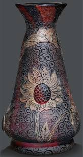 Daum Nancy Vase Ca 1900 Colorless Glass With Red And Black Strips With Applied And Etched Sunflower Decoration In Part Gilt Daum Glaskunst Parfumflakon