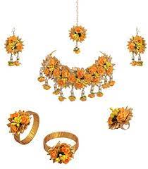 Fabulous design haldi flower jewellery set from zephyrr. Zephyrr Flower Jewellery Set For Women And Girls Haldi Baby Shower Mehndi Godbharai Yellow Gota Patti Necklace Set With Maang Tikka Earrings Bangles Finger Ring Haldi Fashion Jewellery Amazon Co Uk Jewellery
