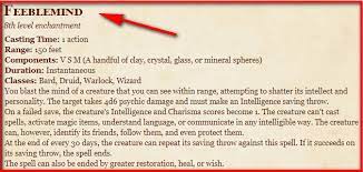 V, s, m (diamond dust worth at least 100 gp, which the spell consumes) duration: Feeblemind 5e Spell In Dnd D D 5e Character Sheets