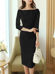 Bateau Boat Neck Bodycon 3 4 Sleeve Solid Midi Dress Cocktail Dress Classy Black Dresses Classy Boat Neck Midi Dress