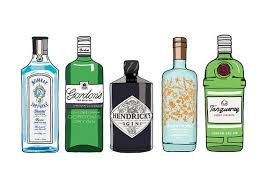 This Illustration Print Features Hendricks Bombay Sapphire Gordons Silent Pool And Tanqueray Gin Bottles This Prin Gin Bottles Bottle Drawing Tanqueray Gin