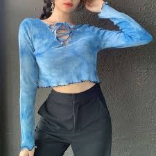 Cari produk kaos pria lainnya di tokopedia. Jual Bluelans Women Sexy Tie Dye Long Sleeve Front Lace Up Shirt Casual Short Blouse Crop Top Terbaru Juli 2021 Blibli