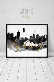 Sydney Print Watercolor Poster Black And White Wall Art Sydney Skyline Australia City Prints Faux Gol Black And White Wall Art City Prints Dallas Skyline
