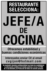 Elaborar los menús que se van a ofrecer. Oferta De Empleo Jefe De Cocina Llana Publicidad