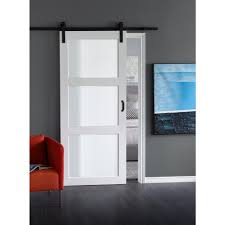 Truporte 36 In X 84 In Bright White Solid Core Frosted 3 Lite Barn Door With Rustic Matte Black Hardware Kit Es61 W1 Bw 3tg The Home Depot Glass Barn Doors Interior Barn Doors