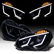 Ad Ebay 2001 2007 Mercedes Benz W203 C Class Black Smoke Led Projector Headlights Pair Projector Headlights Benz Headlights