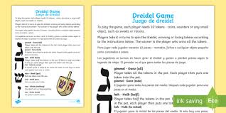 First, the game pieces are equally divided among. Hanukkah Dreidel Game English Spanish Teacher Made