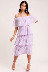 Gala Ready Lavender Off The Shoulder Ruffle Midi Dress Midi Ruffle Dress Purple Ruffle Dress Lavender Midi Dress