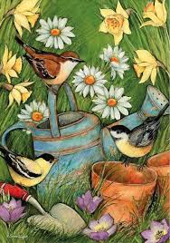 Susan Winget Flower Garden Pots Vertical Spring Art Painting Bird Art