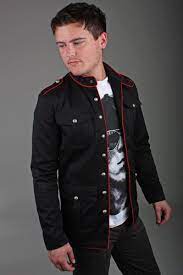 Men Black Military Style Red Piping With Silver Button Collar And Shoulder Strap Handmade Basicjacket Military Fashion Leather Jacket Style Leather Jacket