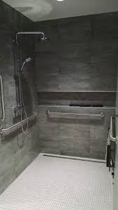 Ada Roll In Shower Grohe Valve Tile Covered Linear Drain Converted From Toilet Stall Handicap Bathroom Design Handicap Bathroom Ada Bathroom