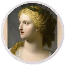 Head of Woman crowned with Laurel Round Beach Towel