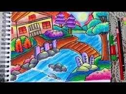 Cara Menggambar Dan Mewarnai Pemandangan Alam Rumah Sungai Gradasi Warna Oil Pastel Youtube Cara Menggambar Pemandangan Gambar