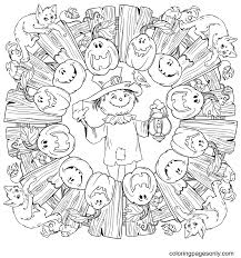 Halloween skeleton coloring page #511. Halloween Mandala With Scarecrow Jack O Lantern And Black Cats Coloring Pages Halloween Mandala Coloring Pages Coloring Pages For Kids And Adults