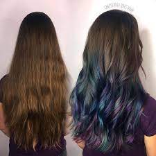 I Had Every Hairstylists Dream Come True Walk In The Door Today Virgin Hair I Did A Hand Painted Oil Slick Artistic Hair Dip Dye Hair Brunette Oil Slick Hair