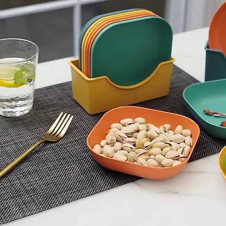 10pcs Premium Plates Set with Holder | Space Saving Kitchen Dinner Plates | Durable Plastic Plate Set for Home & Kitchen | Daraz.pk