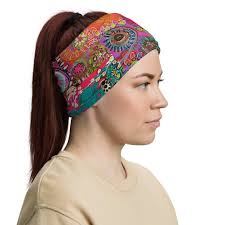 Art Printed Wide Headband 9x17.25 Unisex Colorful Neck Gaiter, Hippie Boho  Design, Funky Face Cover, Bandana, Flower Doodle Design