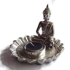 8 inch x 6 inch x 11 3/8 inch high. Silver Buddha T Light Candle Holder