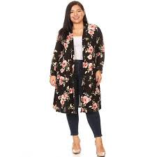 Moa Collection Womens Plus Size Pattern Print Loose Fit Long Sleeve Pocket Open Front Duster Cardigan