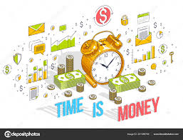 time money concept table alarm clock cash money stacks coin