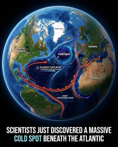 🌊 THE ATLANTIC OCEAN IS SENDING A WARNING… Scientists have identified a  massive and persistent “cold blob” south of Greenland—one of the few places  on Earth that has cooled while much of