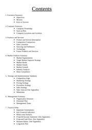 I have to write tabs for about 15 tabs for a business plan. Business Plan Contents Page Contents 1 Executive Summary Objectives Mission Keys To Success 2 Company Summary Company Ownership Start Up Plan Company Course Hero