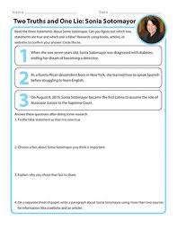 Hispanic heritage month second grade people worksheets: Two Truths And One Lie Sonia Sotomayor Worksheet Education Com