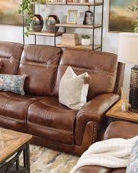 Nailhead Accented Leather Power Reclining Sofa In Brown Leather Sofa Living Room Reclining Sofa Living Room Living Room Leather
