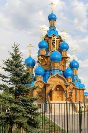 Russian Orthodox Wooden Church With Beautiful Blue Domes On Overcast Church Russian Architecture Russian Orthodox