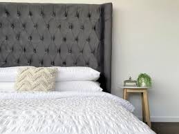 Perfect in the master suite and guest room alike, this headboard comes with stainless steel hardware in a brushed nickel finish and will attach to most standard queen size bed frames. Aspen Queen Bed Frame Studded Fabric Grey Plush Velvet Upholstered Tall Headboard Tufts