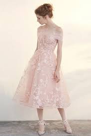 169 89 Blush Tea Length Wedding Dresses Off The Shoulder Beautiful Applique Lace Tulle Style Epy03 134 Gemgrace Com Tea Length Wedding Dress Short Wedding Dress Wedding Dresses Blush