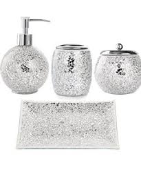 A bathroom accessory set that is in rich gold color that is very sophisticated and chick, the exterior is made of layering cut golden capiz shells responsible for this a unique bathroom accessory that is sleek, simple and elegant made from glass with shimmering gold finish. Whole Housewares Bathroom Accessories Set 4 Piece Glass Mosaic Bath Accessory Completes With Lotion Dispenser Soap Pump Farmhouse Goals