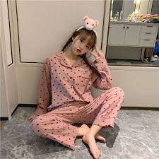 ハート柄パジャマ ルームウェア 総柄部屋着 セット セットアップ レディース ファッション 韓国 pakaian gadis model baju wanita gaya model pakaian