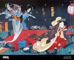 Detail of The Ghosts of Matahachi and Kikuno by Utagawa Kunisada. Yurei  are figures in Japanese folklore, analogous to Western legends of ghosts.  Yurei do not wander at random, but generally stay