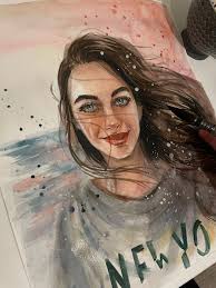 This is the Birthday card from my neighbor's sister, this is the painting  of dolphins my neighbor wanted for her bathroom using the card as  reference....my first painting in a while and