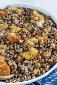 Cubes Of Toasty French Bread Mixed With Ground Beef Ground Pork Diced Ham Herbs Spices Sliced Almonds Side Dish Recipes Food Crawl Meal Prep Clean Eating