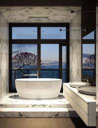 Moderne Bader Zwei Ebenen Weisser Marmor Marmordecke Balkon Baum Sonnenuntergang Dus Minimalistische Badgestaltung Minimalistisches Badezimmer Badewanne Umbauen