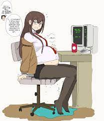 1girls belly brown hair bulge clothed clothed female colored  female labcoat labor lewdlemage makise kurisu monitor navel navel bulge non- nude office chair outie navel popped navel pregnant pregnant female