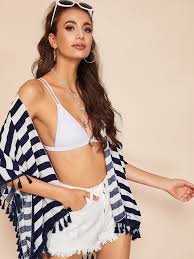 Black And White Striped Swimsuit Cover Up Black White Striped Fringe Kimono Beach Cover Up Kimono Beach Cover Up Fringe Kimono Cover Up