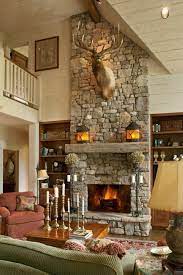 Cozy Home Rustic Fireplace Goes Foot To Foot You Just Simply Have To Have It Rustic Fir Rustic Fireplace Decor Vaulted Ceiling Living Room Fireplace Design