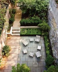 Terrasse De Jardin Chemin En Bois Composite Dallage En Pierre Et Chaises En Acier Inox Jardin Moderne Amenagement Jardin Terrasse Jardin