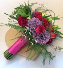 Pink And Purple Hand Tied Bouquet With Roses Celosia And Alliums Hand Tied Bouquet Wedding Flowers Floral Wreath