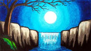 Easy Moonlight Waterfall Scenery Drawing How To Draw Simple Scenery Of Moonlight Over Waterfall How to draw a waterfall scenery for kids.