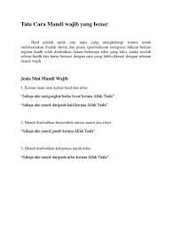 Mandi wajib adalah kelakukan yang wajib dilakukan bagi mengangkat hadas besar setelah haid. Tata Cara Mandi Wajib Yang Bena1