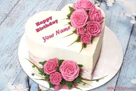 Flowers bouquet beautiful rose happy birthday cake. Beautiful Pink Heart Name Birthday Cake With Roses