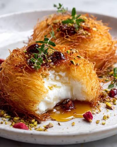 Ingredients for Turkish kunefe recipe: kadayif, melted butter, cheese, syrup on a wooden board