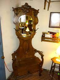 Antique Oak Hall Bench Rack Seat Beveled Mirror Umbrella Etsy Oak Hall Bench Beveled Mirror Hall Bench