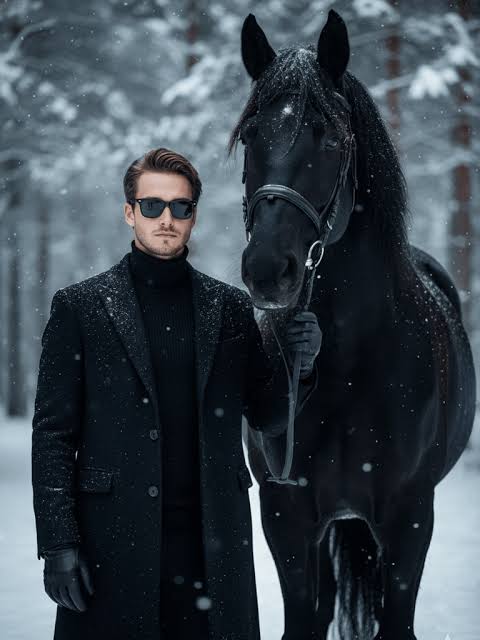 Winter Snowfall Black Coat and Horse Portrait